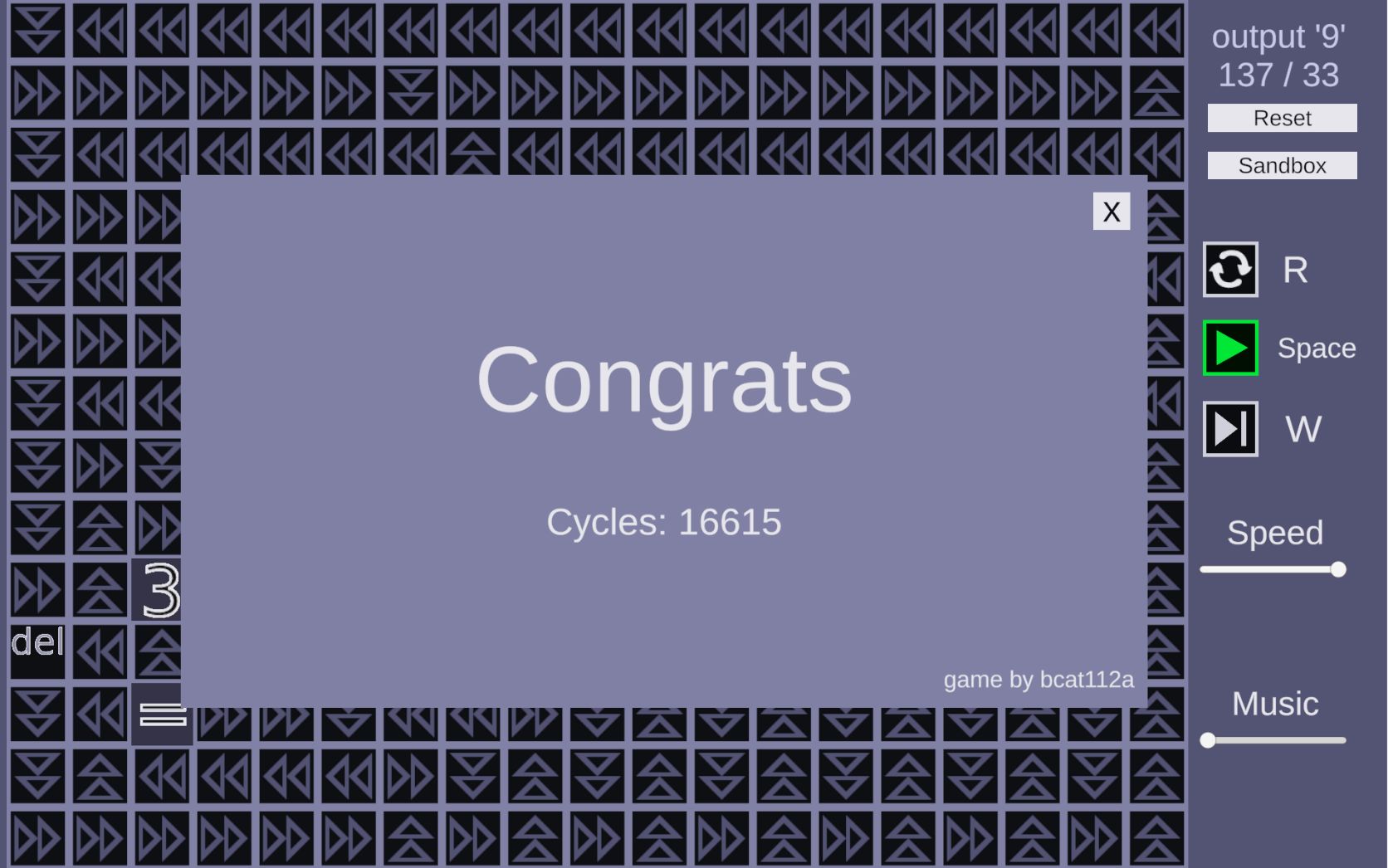The completion screen of the 16615-cycle machine
